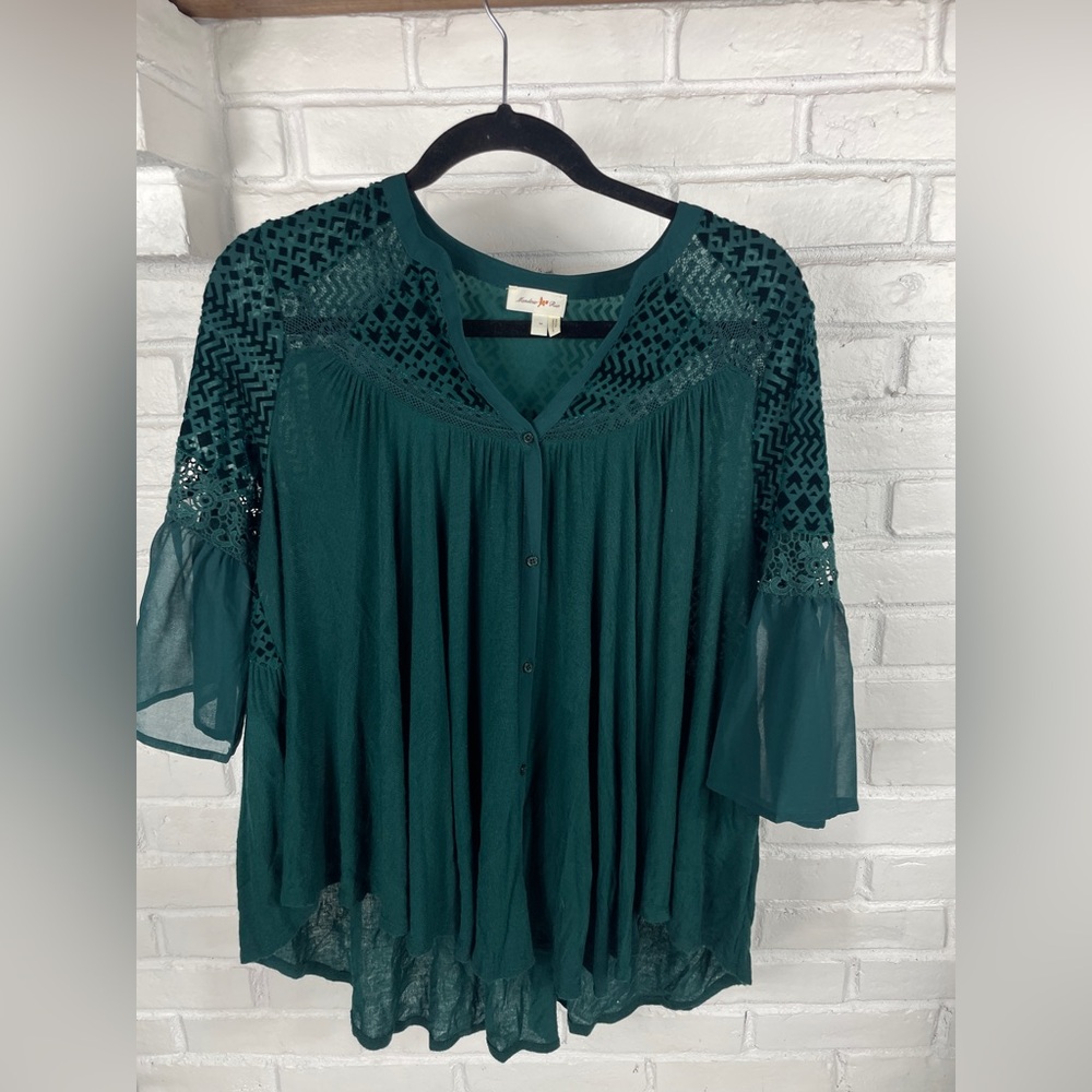 Meadow Rue teal lace rayon peasant top Medium feminine boho cottagecore